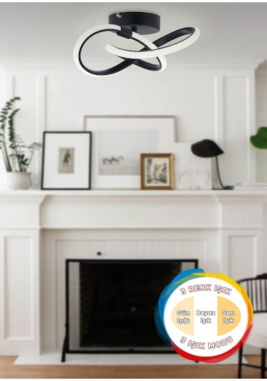 Modern 3 Renk Işıklı Salon Mutfak Oturma Odası Avize Plafonyer Tavan Mario Led Avize Siyah Siyah