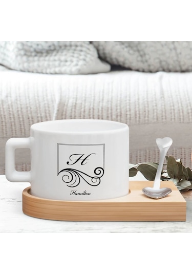 Bk Gift Kişiye Özel Baş Harf İsimli Ahşap Altlıklı Seramik Fincan-1 , Meslek Hediyesi, Yeni İş Hediyesi Kobitmeyen138070 Bk Gift