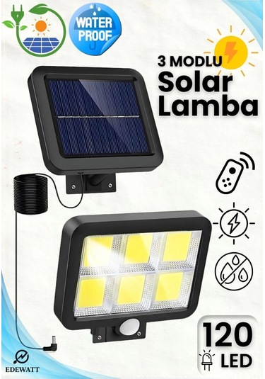 120 Led Ayrı Solar Panel Güneş Enerjili 3 Mod Duvar Lambası 5 Metre Kablolu Bahçe Solar Aydınlatma
