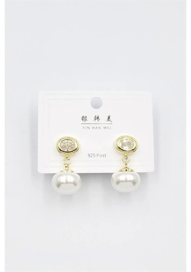 İncili Taşlı Küpe - Altın Çok Renkli