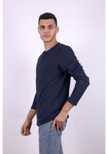 Trender Düğmeli Waffle İndigo Erkek Sweatshirt 5070 İndigo