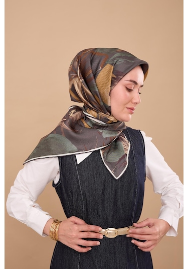 Silk Home Twill İpek Eşarp 11480-61 Petrol Yeşili, Krem, Yeşil, Koyu Vizon