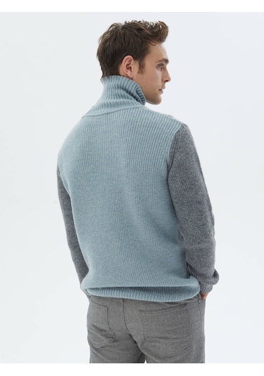 Mint Tam Balıkçı Yaka Desenli Yün Karışımlı Triko Mint