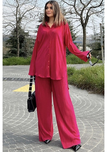 Kadın Fuşya Uzun Tunik Gömlek & Beli Lastikli, Bol Paça Pantolon - Salaş Bürümcük Takım Fuşya