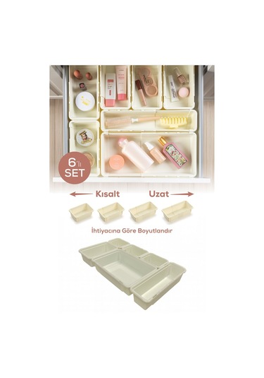 6'lı Set Ayarlanabilir Çekmece Içi Düzenleyici Kutu Uzayıp Kısalabilen Organizer Seti 3a1b1c1d Krem