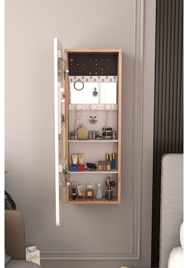 Lune Takı Dolabı Aynalı Çok Amaçlı Hediyelik Takı Dolabı Atlantik Çam Gövde Beyaz Kapak