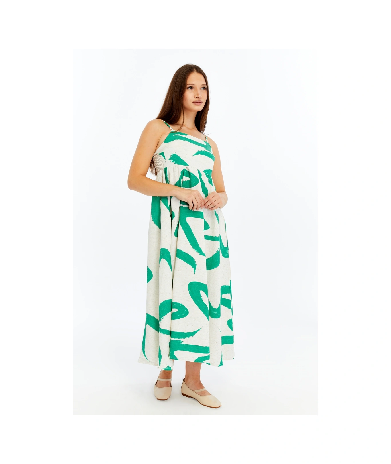 Kadın Askılı Desenli Midi Elbise Rahat Yazlık Günlük & Şık Elbise Yeşil