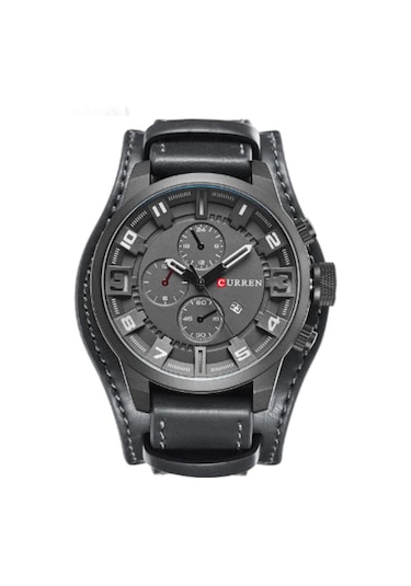 Geeksen Erkekler İçin Büyük Gösterge Ve Takvimli Deri Kordonlu Kuarc Saat - Curren M8225 Siyah-gri Çok Renkli