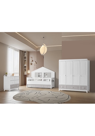 Lorena 4 Kapılı Dolap, Bebek ve Genç Odası Dolap Beyaz - Gri