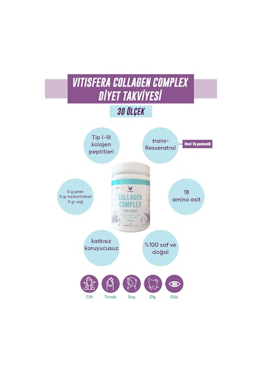 Vitisfera Collagen Complex- %100 Saf, Doğal Tip I-ııı Çift Hidrolize Kolajen Peptitleri + Trans Resveratrol İçeren Gıda Takviyesi Nötr Tat, Şekersiz