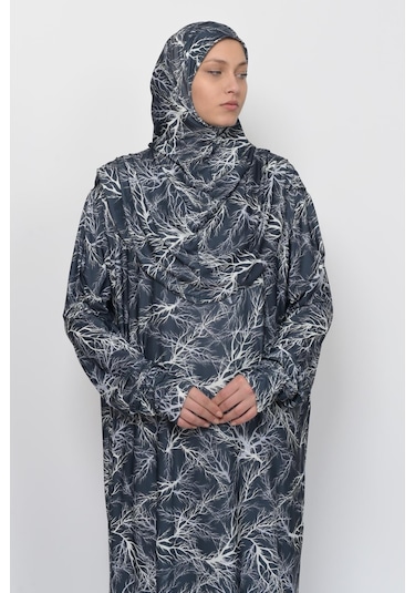 Pratik Tek Parça Ağaç Desenli Kollu Tak Çıkar Başörtülü Likralı Tesettür Namaz Elbisesi 990-0705 Siyah Antrasit