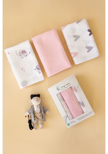 Çok Amaçlı Müslin Örtü & Battaniye 3'lü Set Pamuk Oeko-teks Sertifikalı 80x80 CM Beyaz - Pembe