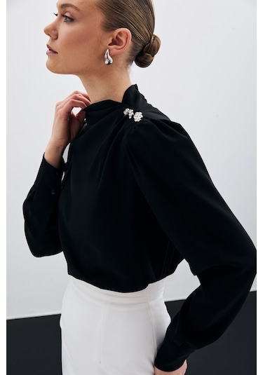 Sateen Düğmeleri Taş Detaylı Bluz - Siyah