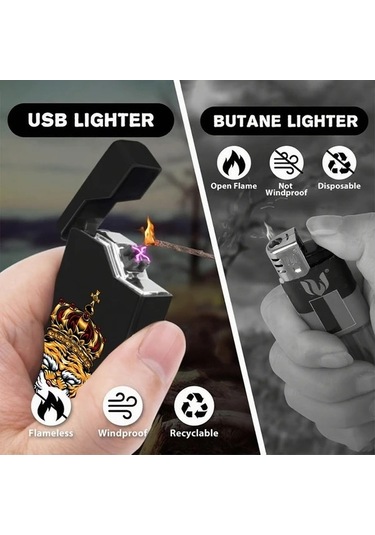 Trendooze Gaojunshop01 Taçlı Kaplan Desenli Rüzgar Geçirmez Usb Şarjlı Çift Arklı Çakmak Gümüşi El Eletrikli Cep Aletleri İçin Gümüş