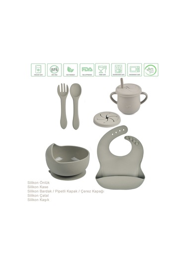 Jojobebek Silikon Vakumlu Kase, Silikon Çatal-kaşık, Silikon Pipetli Bardak, Çerez Kapağı, Önlük / Gri