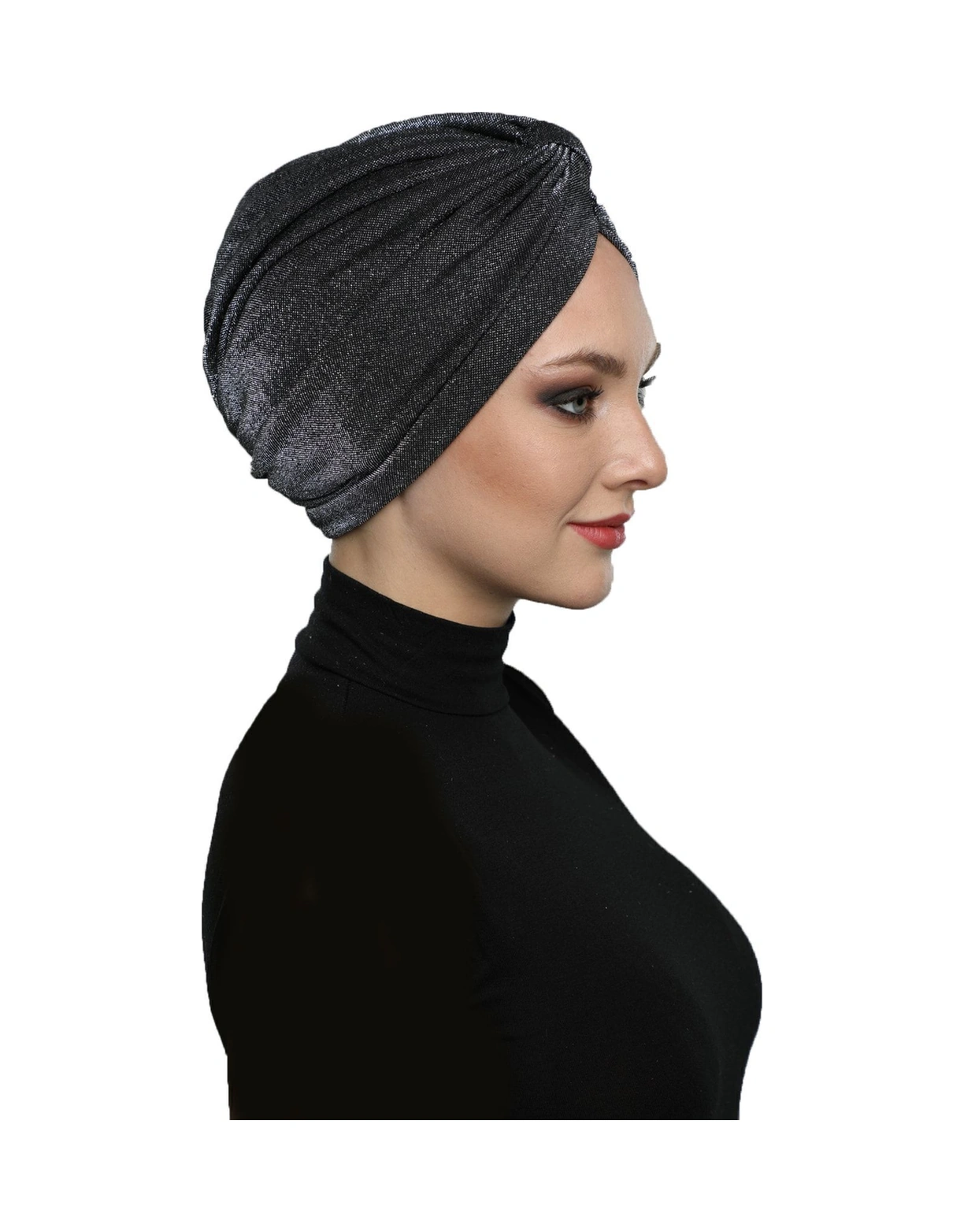 Simli Pike Çapraz Bantlı Astarlı Siyah Gümüş Hazır Türban Tesettür Bone Abiye Siyah-gümüş