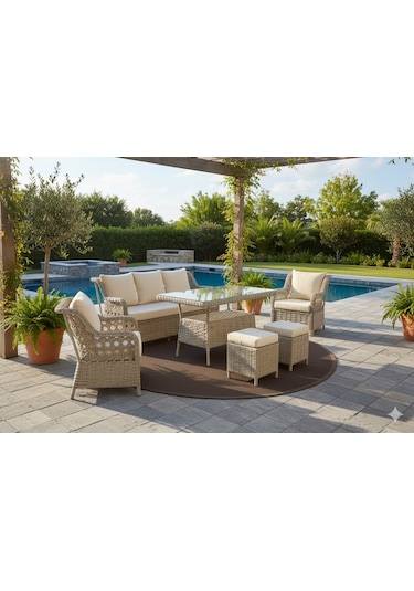 Lüks Rattan Oturma Ve Yemek Seti 7 Kişilik - Bahçe/balkon Krem