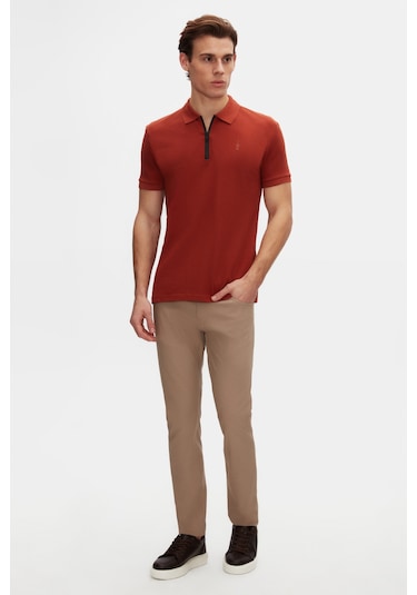 Twn Slim Fit Kiremit Pike Dokulu Yarım Fermuarlı Polo Yaka T-shirt 4ec14ortfrplo KIREMIT
