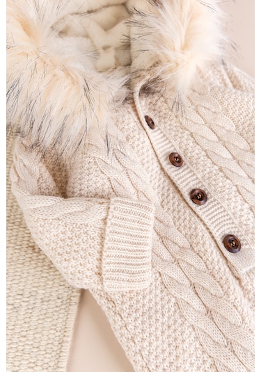 Triko Örgü Kışlık İçi Welsoft Astarlı Kapüşonlu Kız/erkek Bebek Tulum Bej