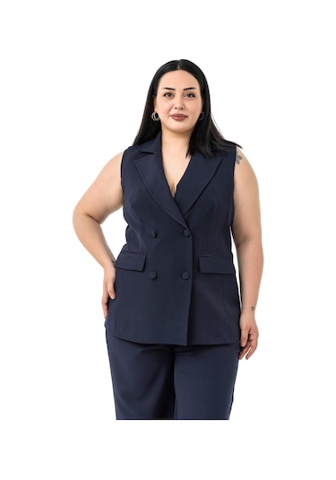 Büyük Beden Kaplama Düğmeli Yelek Pantolon Lacivert İkili Takım Lacivert