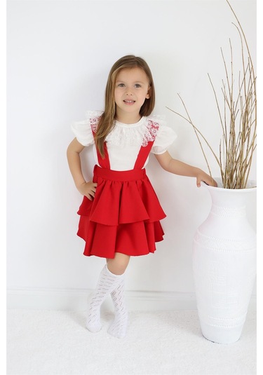 Kız Çocuk Helen Kırmızı Askılı Bağlama Jile 23 Nisan 29 Ekim Elbise Ekru Dantel Kısa Kollu Bluz Takım