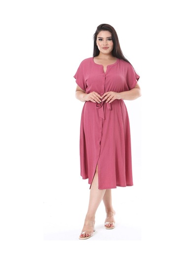 Kadın Büyük Beden Gül Kurusu Bürümcük Kumaş Ön Boy Düğmeli V Yakalı Elbise 65n38316-gül Kurusu Gül Kurusu