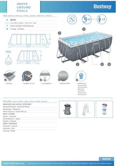Bestway 56722 Steel Pro Max Above Ground Pool Set 4.12 M X 2.01 M X 1.22 M