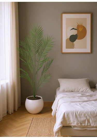 Yapay Ağaç 20 Yaprak Palmiye Ağacı Beyaz Küre Saksıda 130 60cm