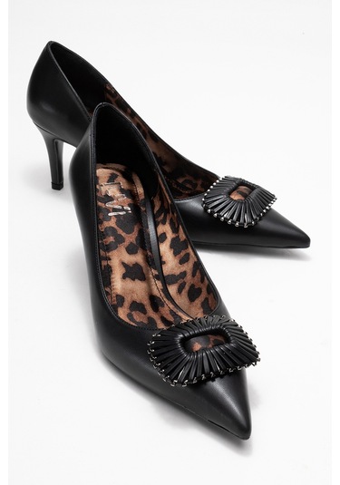 Great Siyah-siyah Desenli Tokalı Kadın Topuklu Ayakkabı Leopar - Siyah