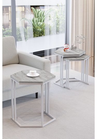 Tokyo 3'lü Zigon Sehpa Beyaz Metal - Beyaz Mermer Tabla