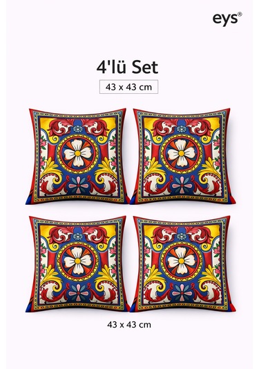 Dijital Baskılı Çift Taraflı Pamuklu Kırlent Kılıfı Gizli Fermuarlı, Astarlı 43 43 Cm 4'lü Set Desen 2