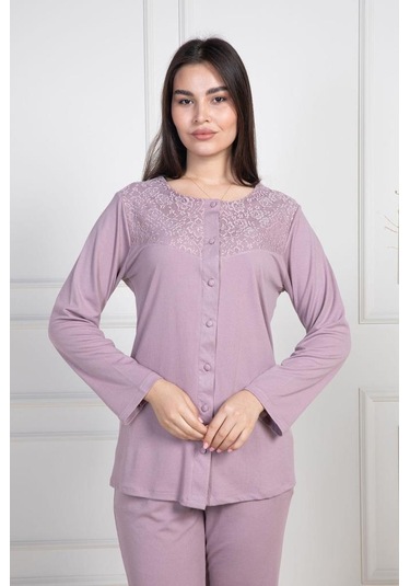 Mecit 6105 Bayan Gül Kurusu Büyük Beden Düğmeli Pijama Takımı Gülkurusu