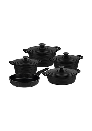 Trıana - 3537 - 9 Parça Biogranit, Döküm, Tencere , Tava, Çeyiz Seti - Siyah Renk Siyah