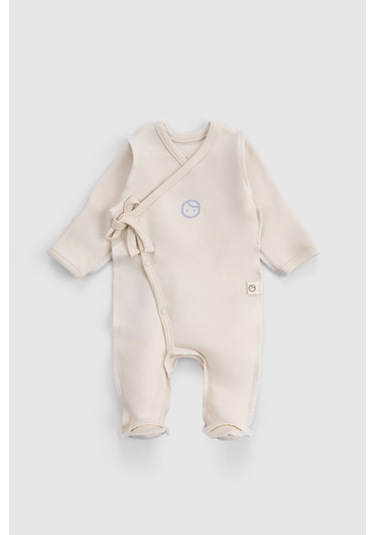 Ters Dikişli Organik Pamuk Ekru Prematüre Kruvaze Patikli Tulum Ekru