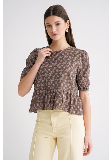 4688 Kadın Balon Kol Çiçek Desenli Peplum Bluz Kahve Kahve