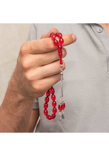 Gümüş Kırmızı Ateş Kehribar Tesbih Sl12465 Gümüş