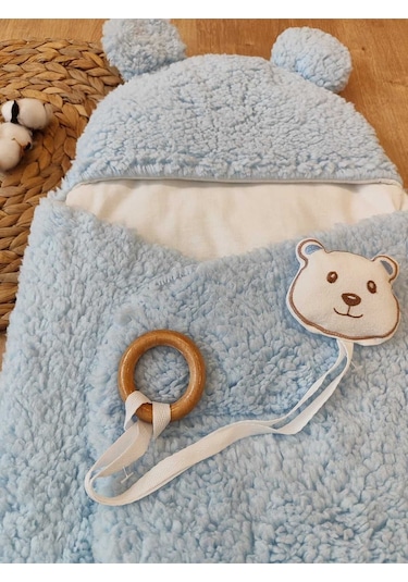 Bebek Dış Kundak Battaniyesi Pelüş Ayaklı Welsoft Uyku Tulumu Kışlık Mont Yenidoğan 0-12 Ay Mavi