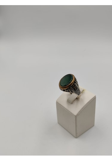 Yeşil Akik Taşlı Düz Kesim Erkek Yüzüğü 26 Mm 925 Ayar Gümüş Yüzü