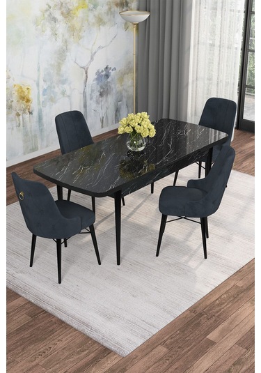 Mona Siyah Mermer 80x132 Açılabilir Mdf Masa Yemek Odası Takımı, Mutfak Takımı 4 Adet Sandalye Siyah Mermer - 4 Antrasit - Siyah Ayak