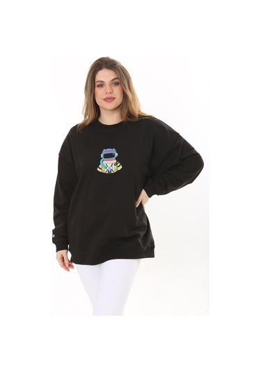 Kadın Büyük Beden Siyah Pamuk Kumaş Nakışlı Sweatshirt 65n37617-siyah Siyah
