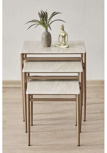 Damrin Serisi Traverten Desen 1. Sınıf Mebran Mdf 3 Lü Zigon Sehpa Takımı Traverten Desen - Bronz Ayak