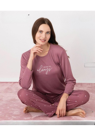 Pijamoni Kadın Milan Bisiklet Yaka Uzun Kol İnce Pijama Takımı 7600/37 - 1 Adet Gül Kurusu