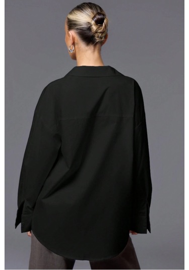 Tarz Cool Kadın Oversize Gömlek Uzun Kollu Basic Salaş Kesim Poplin Trend Şık Günlük Gömlek Siyah