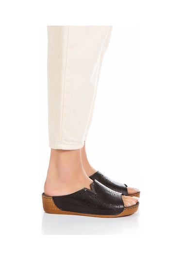 İç Dış Hakiki Deri Ortopedik Taban Topuksuz Kadın Terlik Siyah