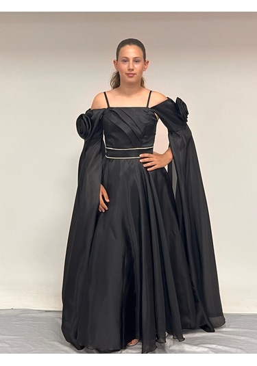 Kız Çocuk Abiye Siyah Uzun Askılı Kolları Çıkabilen Pelerinli Şifon Abiye Elbise 10-15 Yaş Siyah