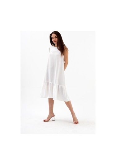Kristal Keten Kolsuz Kadın Salaş Elbise - Ekru-ekru