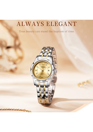 Yashıdun 5064 Şık Kadın Kuvars İzle Çelik Kayış Aydınlık Takvim Bilek Saati - Altın Kadran / Gümüş + Altın Kayış