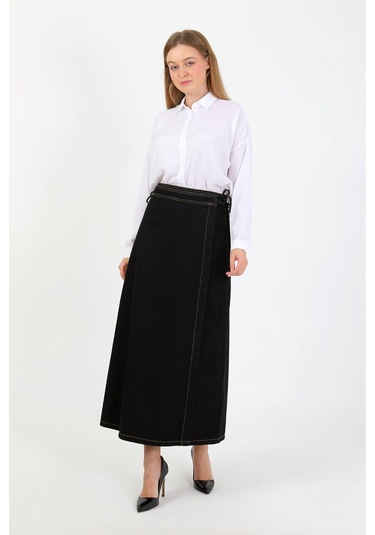 Yandan Bağlamalı Denim Etek-siyah Siyah