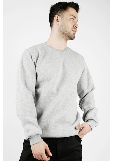 Uniprom Sıfır Yaka Sweatshirt Kalın Kumaş İçi Şardonlu Gri Erkek Açık Gri