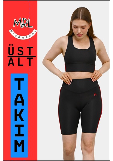Kadın Siyah Takım Alt-üst Kısa Şort-tayt Ve Pedli Sporcu Büstiyer 2li Set Kırmızı Biyeli Elt3043 Siyah Kırmızı